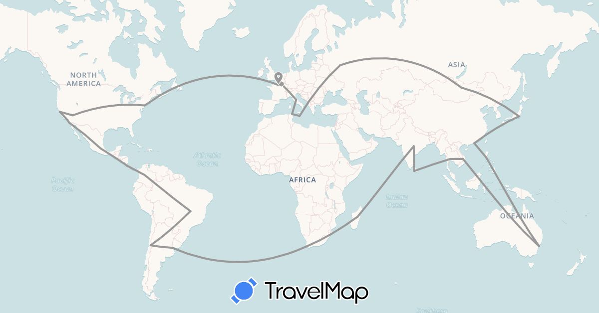 TravelMap itinerary: driving, plane in Argentina, Australia, Brazil, Chile, Colombia, Costa Rica, France, Hong Kong, India, Italy, Japan, Sri Lanka, Madagascar, Mongolia, Malta, Mexico, Philippines, Russia, Thailand, Tunisia, United States, Vietnam, South Africa (Africa, Asia, Europe, North America, Oceania, South America)